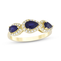 Pear-Shaped Natural Blue Sapphire & Diamond Teardrop Three-Stone Ring 1/5 ct tw 10K Yellow Gold