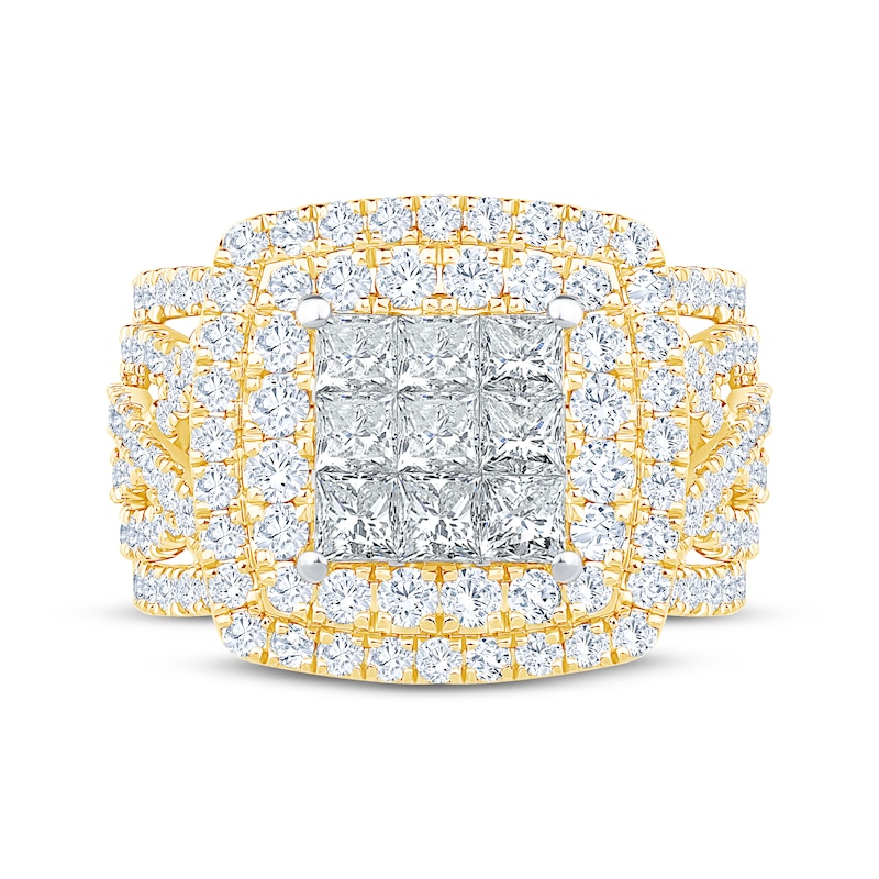 Main Image 3 of Now + Forever Princess-Cut Multi-Diamond Double Halo Engagement Ring 3 ct tw 10K Yellow Gold