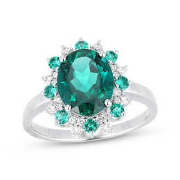 Oval-Cut Lab-Created Emerald & White Lab-Created Sapphire Starburst Halo Ring Sterling Silver