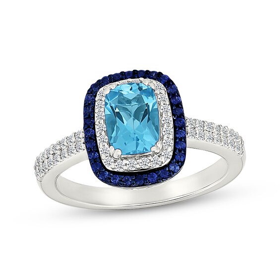 Cushion-Cut Swiss Blue Topaz, Blue & White Lab-Created Sapphire Ring Sterling Silver