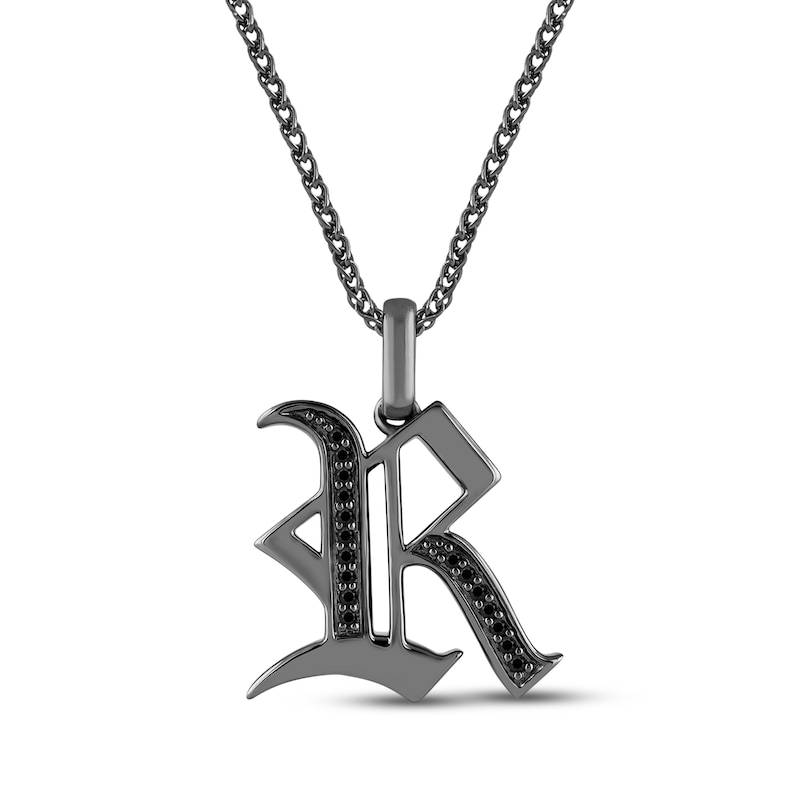 Main Image 1 of Ink & Ice Men's Black Diamond Initial &quot;R&quot; Necklace 1/8 ct tw Black Rhodium-Plated Sterling Silver 22&quot;
