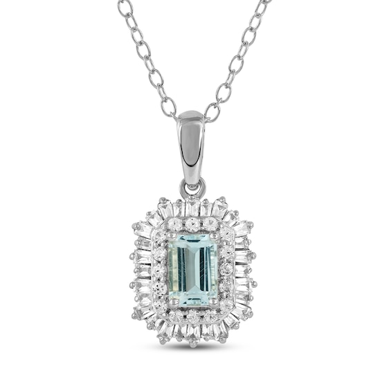 Aquamarine & White Lab-Created Sapphire Necklace Sterling Silver 17"