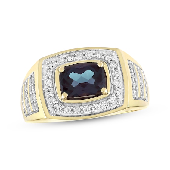 Men's Cushion-Cut Lab-Created Alexandrite & Diamond Ring 1/2 ct tw 10K Yellow Gold