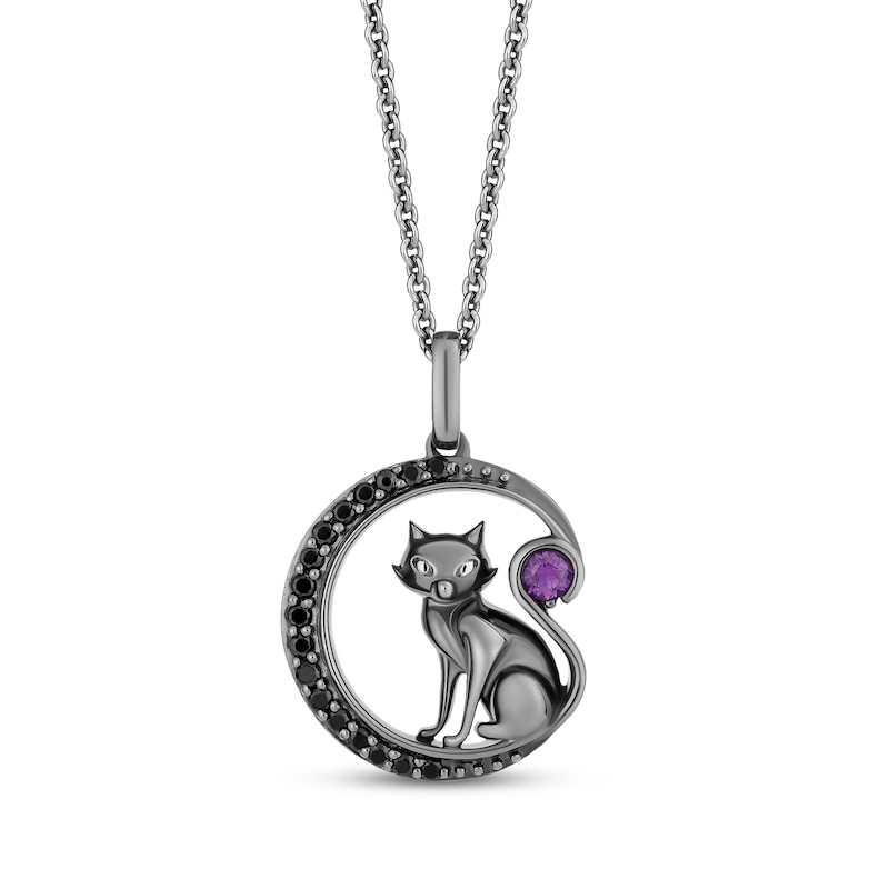 Main Image 1 of Disney Treasures Hocus Pocus Amethyst Cat & Crescent Moon Necklace 1/6 ct tw Diamonds Black Rhodium Sterling Silver 19&quot;