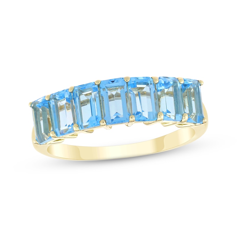 Main Image 1 of Emerald-Cut Swiss Blue Topaz Seven-Stone Ring 10K Yellow Gold