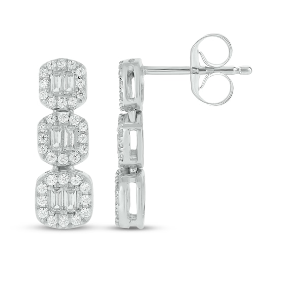 Baguette & Round-Cut Diamond Cushion Trio Drop Earrings 1/3 ct tw 10K White Gold