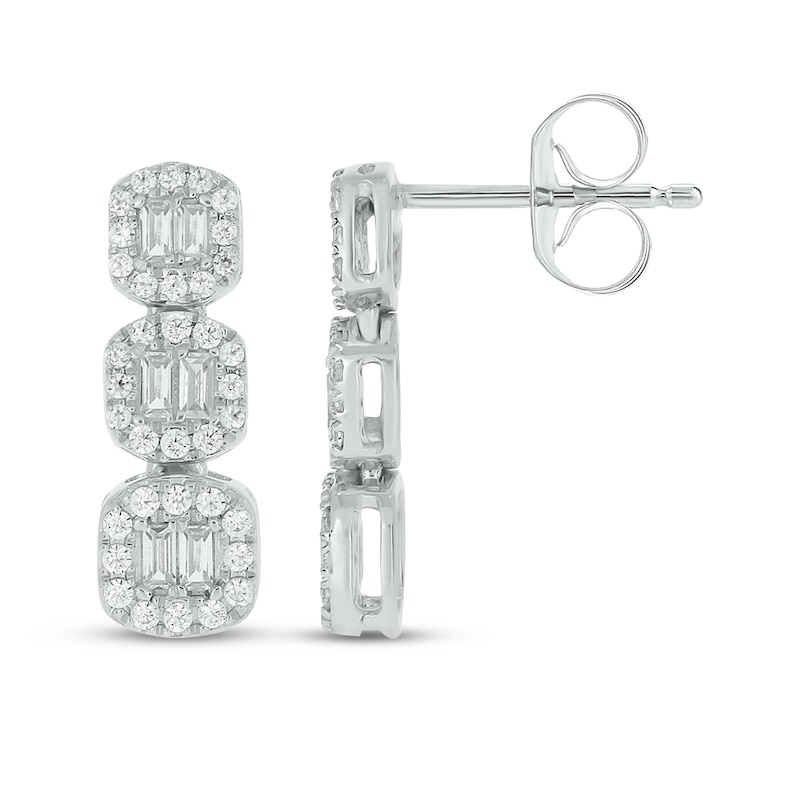 Main Image 1 of Baguette & Round-Cut Diamond Cushion Trio Drop Earrings 1/3 ct tw 10K White Gold
