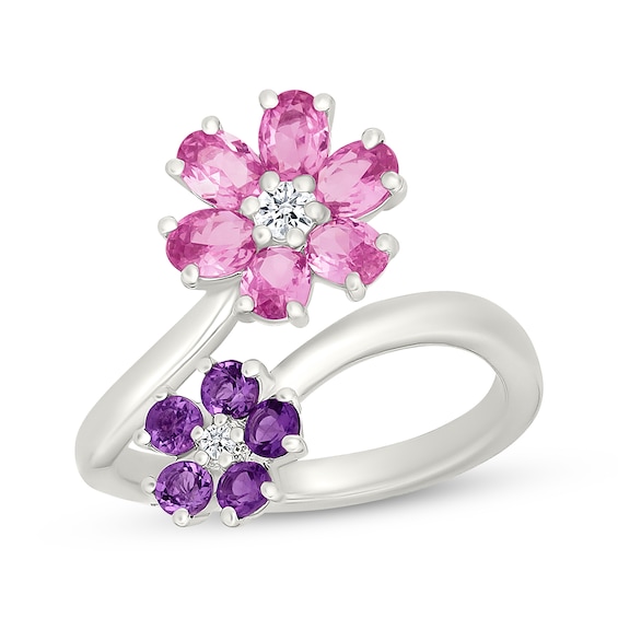 Pink Lab-Created Sapphire, Amethyst & White Lab-Created Sapphire Flower Bypass Ring Sterling Silver