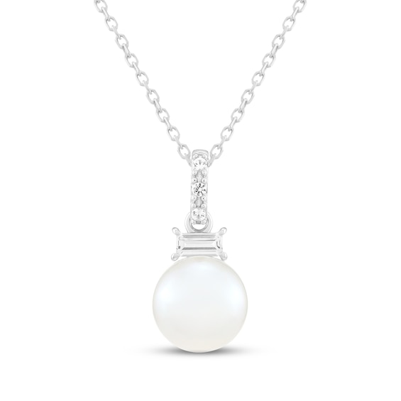 Cultured Pearl & White Lab-Created Sapphire Necklace Sterling Silver