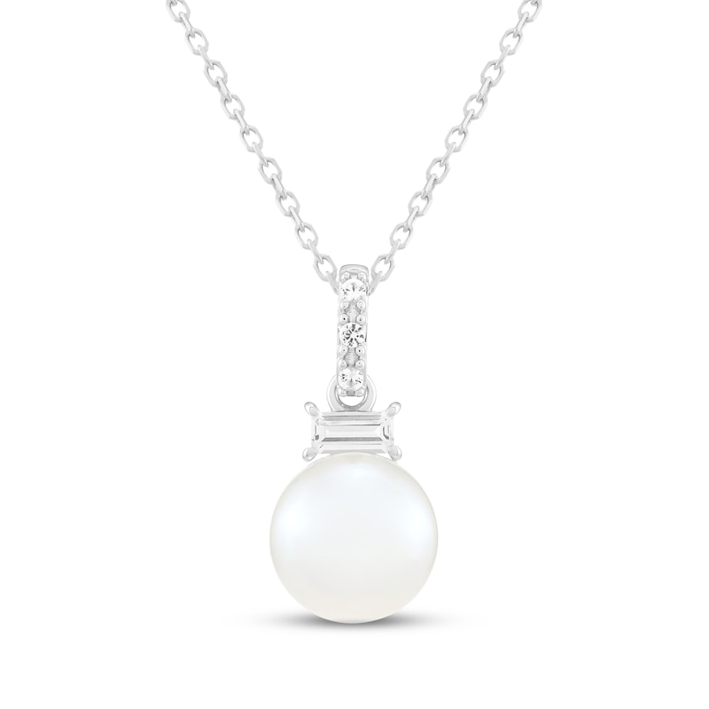 Main Image 1 of Cultured Pearl & White Lab-Created Sapphire Necklace Sterling Silver