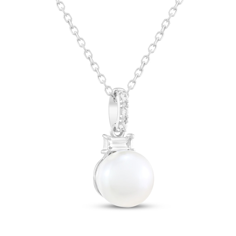 Main Image 2 of Cultured Pearl & White Lab-Created Sapphire Necklace Sterling Silver