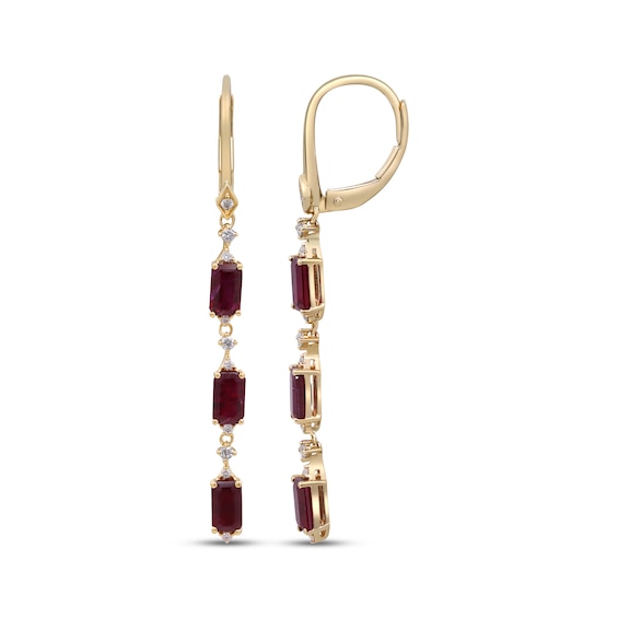 Emerald-Cut Natural Ruby & Diamond Drop Earrings 1/8 ct tw 10K Yellow Gold