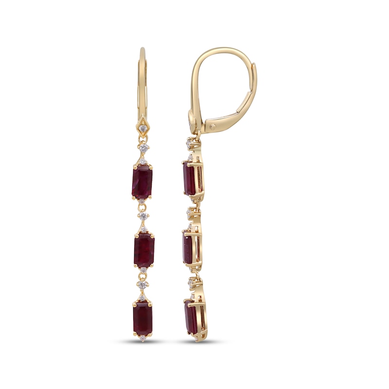 Main Image 1 of Emerald-Cut Natural Ruby & Diamond Drop Earrings 1/8 ct tw 10K Yellow Gold