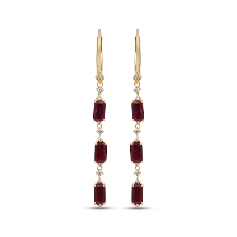 Main Image 2 of Emerald-Cut Natural Ruby & Diamond Drop Earrings 1/8 ct tw 10K Yellow Gold