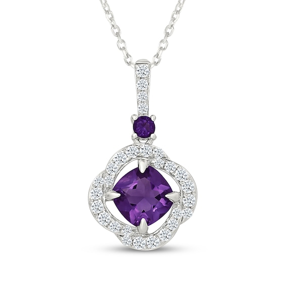 Cushion-Cut Amethyst & White Lab-Created Sapphire Swirl Halo Necklace Sterling Silver 18"