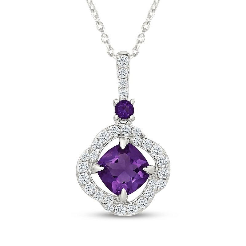 Main Image 1 of Cushion-Cut Amethyst & White Lab-Created Sapphire Swirl Halo Necklace Sterling Silver 18"