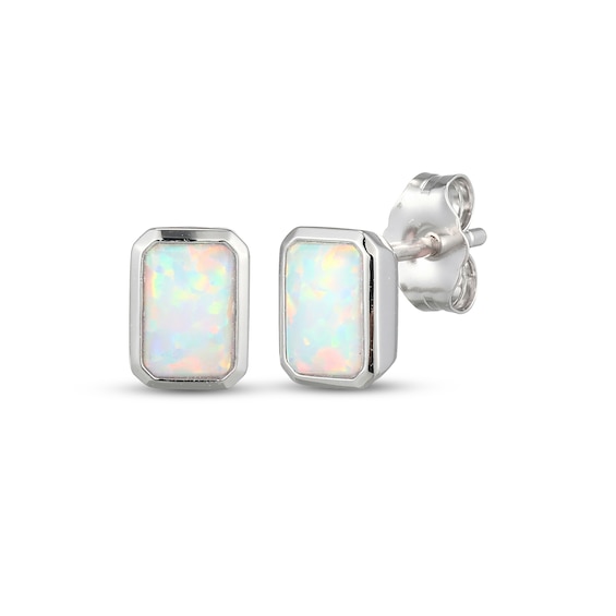 STUDIO BY KAY Emerald-Cut Lab-Created Opal Bezel-Set Solitaire Stud Earrings Sterling Silver