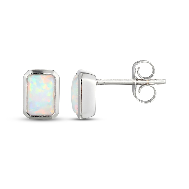Main Image 3 of STUDIO BY KAY Emerald-Cut Lab-Created Opal Bezel-Set Solitaire Stud Earrings Sterling Silver