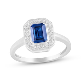 Octagon-Cut Blue Lab-Created Sapphire & White Lab-Created Sapphire Halo Ring Sterling Silver