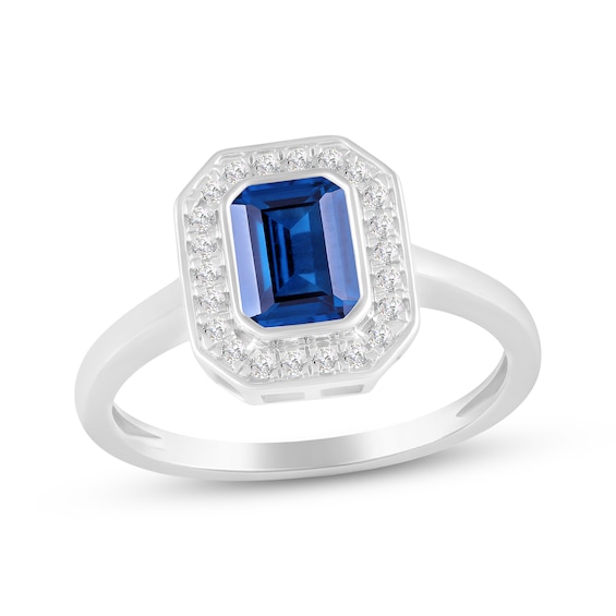 Octagon-Cut Blue Lab-Created Sapphire & White Lab-Created Sapphire Halo Ring Sterling Silver