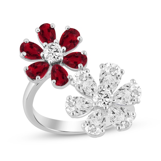 Pear-Shaped Lab-Created Ruby & White Lab-Created Sapphire Flower Bypass Ring Sterling Silver