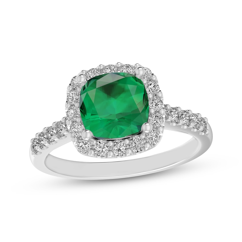 Main Image 1 of Cushion-Cut Lab-Created Emerald & White Lab-Created Sapphire Halo Ring Sterling Silver