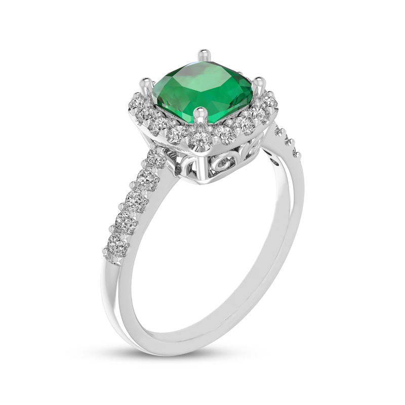 Main Image 2 of Cushion-Cut Lab-Created Emerald & White Lab-Created Sapphire Halo Ring Sterling Silver
