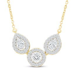 KAY Lab-Grown Diamonds Pear-Shaped & Round-Cut Three-Stone Halo Necklace 1 ct tw 10K Yellow Gold 18"