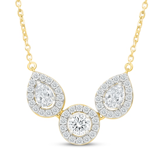 KAY Lab-Grown Diamonds Pear-Shaped & Round-Cut Three-Stone Halo Necklace 1 ct tw 10K Yellow Gold 18"