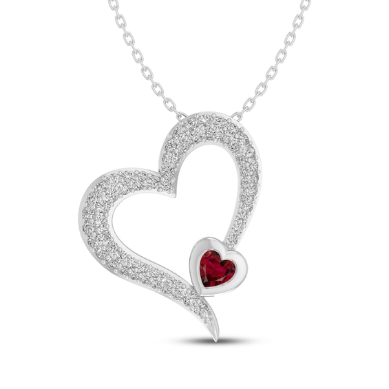 Heart-Shaped Lab-Created Ruby & White Lab-Created Sapphire Heart Outline Necklace Sterling Silver 18"