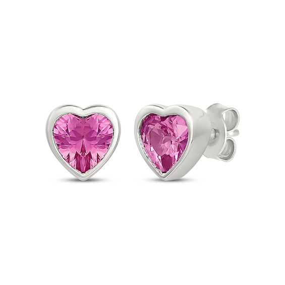 Heart-Shaped Pink Lab-Created Sapphire Solitaire Stud Earrings Sterling Silver