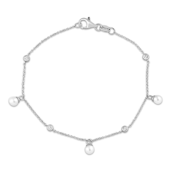 Cultured Pearl Dangle & Lab-Grown Diamond Station Bracelet 1/10 ct tw Sterling Silver 7.25"