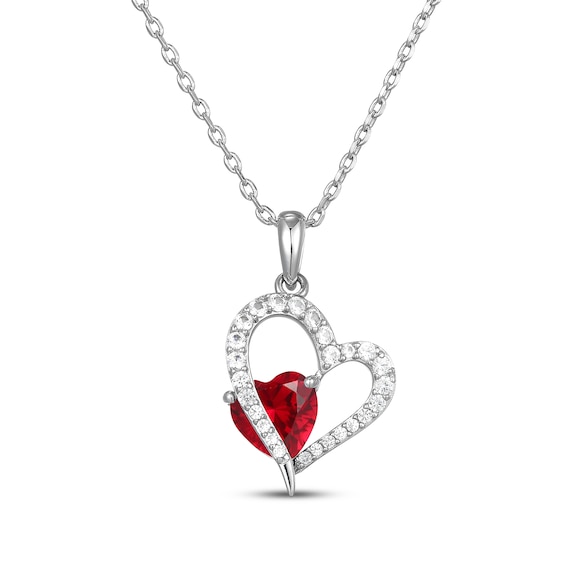 Heart-Shaped Lab-Created Ruby & White Lab-Created Sapphire Heart Necklace Sterling Silver 18"