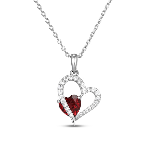Heart-Shaped Natural Garnet & White Lab-Created Sapphire Heart Necklace Sterling Silver 18"