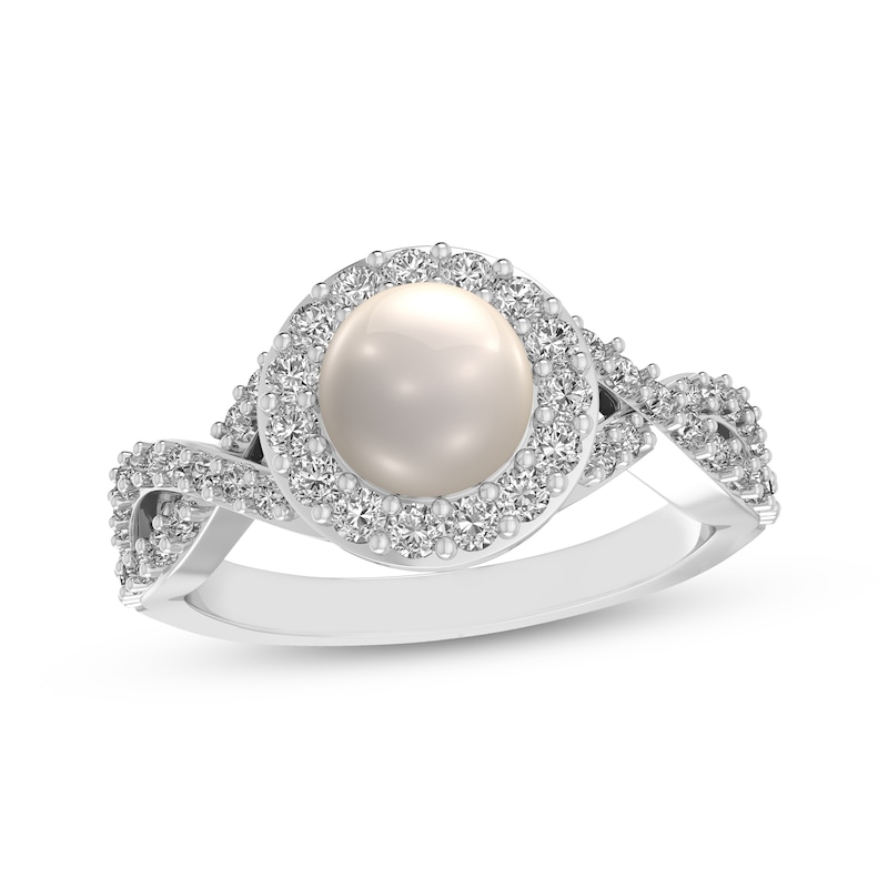 Main Image 1 of Cultured Pearl & White Lab-Created Sapphire Halo Ring Sterling Silver