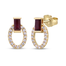 Baguette-Cut Natural Ruby & Diamond Doorknocker Earrings 1/8 ct tw 10K Yellow Gold