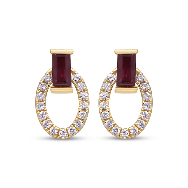 Main Image 2 of Baguette-Cut Natural Ruby & Diamond Doorknocker Earrings 1/8 ct tw 10K Yellow Gold