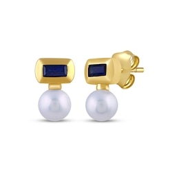 STUDIO BY KAY Cultured Pearl & Baguette-Cut Blue Lab-Created Sapphire Earrings 24K Yellow Gold Vermeil Sterling Silver