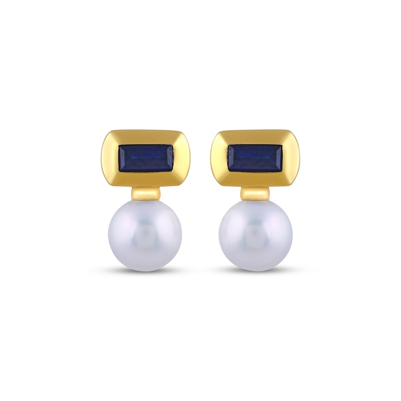 Main Image 2 of STUDIO BY KAY Cultured Pearl & Baguette-Cut Blue Lab-Created Sapphire Earrings 24K Yellow Gold Vermeil Sterling Silver