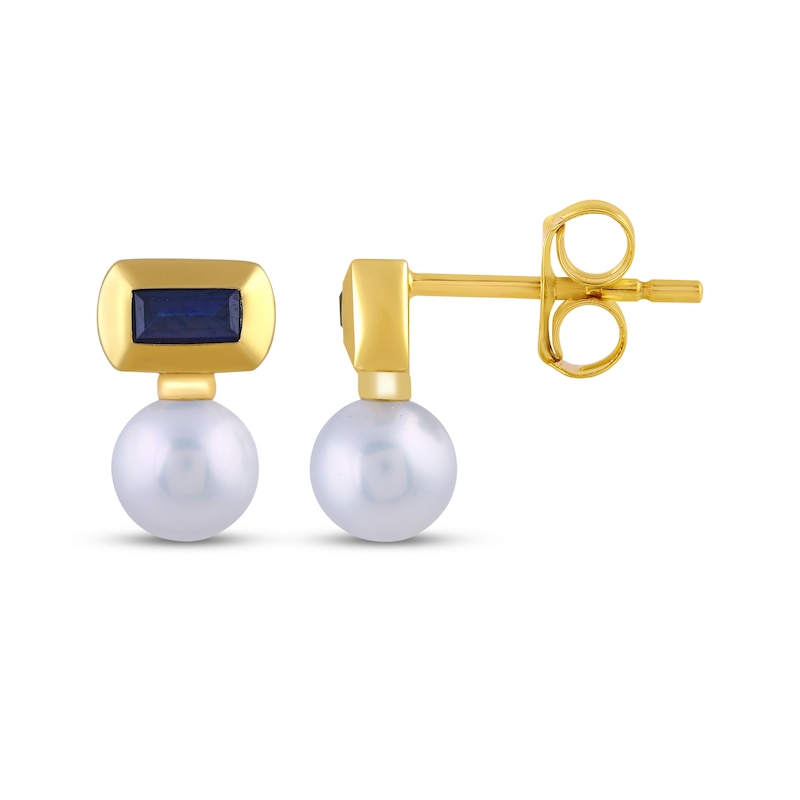 Main Image 3 of STUDIO BY KAY Cultured Pearl & Baguette-Cut Blue Lab-Created Sapphire Earrings 24K Yellow Gold Vermeil Sterling Silver