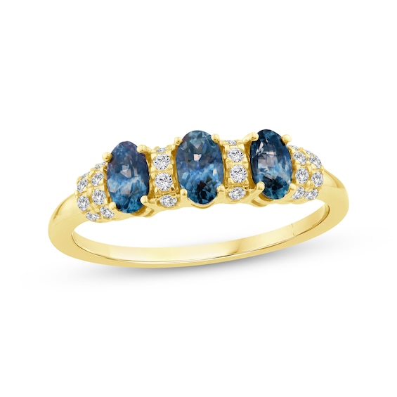 American Blue Sapphire & Diamond Three-Stone Ring 1/8 ct tw 10K Yellow Gold