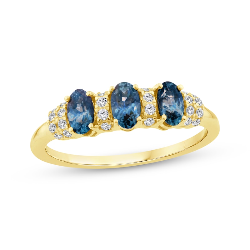 Main Image 1 of American Blue Sapphire & Diamond Three-Stone Ring 1/8 ct tw 10K Yellow Gold