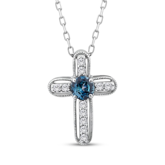 American Blue Sapphire & Diamond Cross Necklace 1/10 ct tw Sterling Silver 18