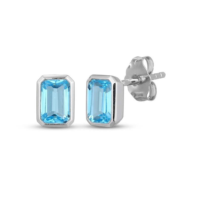 Main Image 1 of Emerald-Cut Swiss Blue Topaz Bezel-Set Solitaire Stud Earrings Sterling Silver
