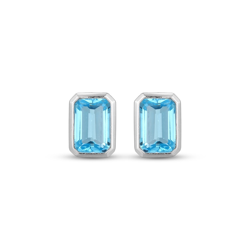 Main Image 2 of Emerald-Cut Swiss Blue Topaz Bezel-Set Solitaire Stud Earrings Sterling Silver