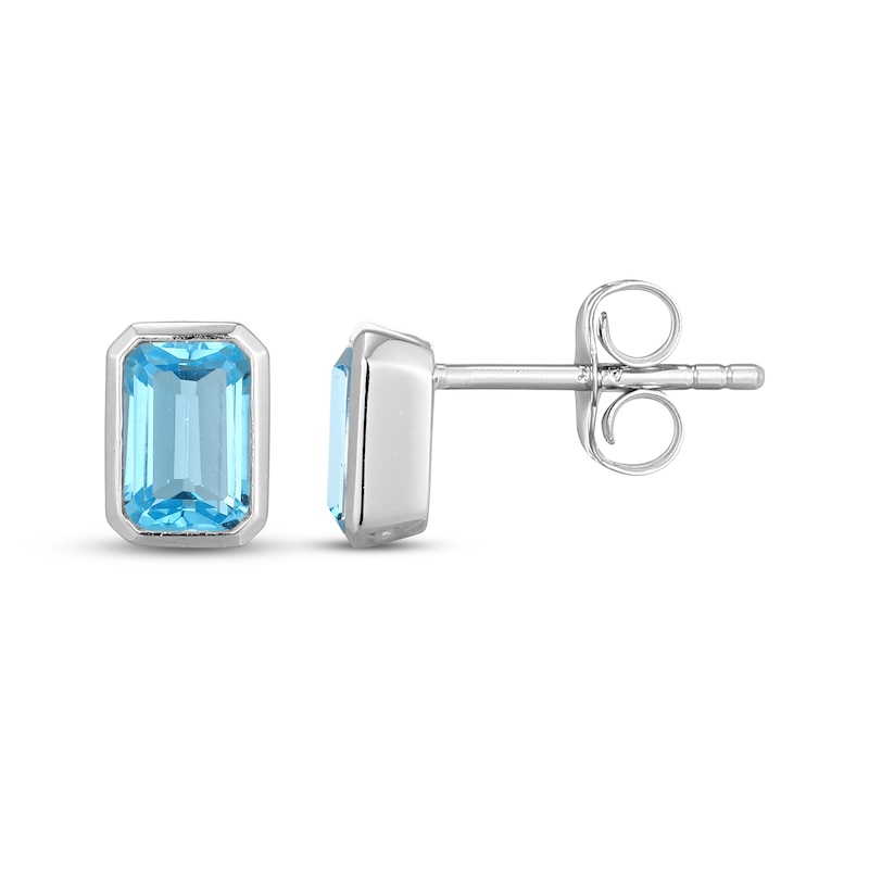 Main Image 3 of Emerald-Cut Swiss Blue Topaz Bezel-Set Solitaire Stud Earrings Sterling Silver