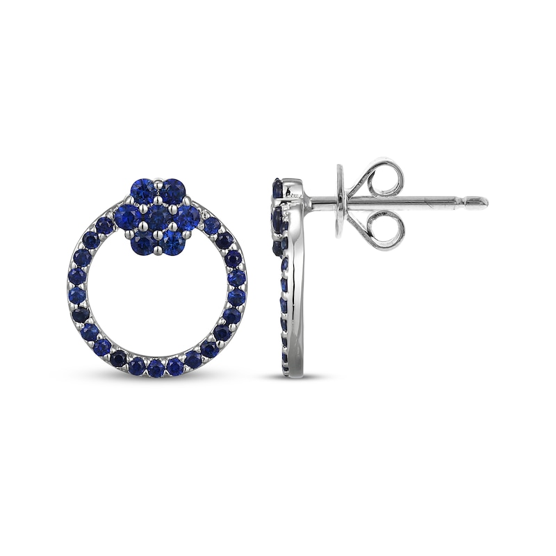 Main Image 1 of Blue Lab-Created Sapphire Circle & Flower Stud Earrings Sterling Silver