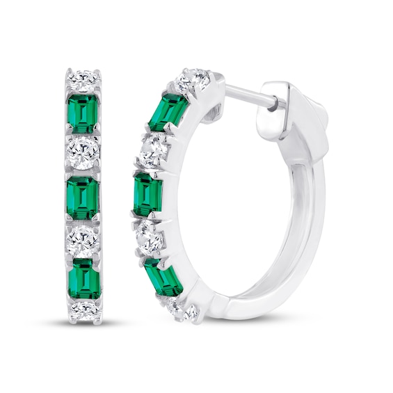 Emerald-Cut Lab-Created Emerald & Round-Cut White Lab-Created Sapphire Hoop Earrings Sterling Silver