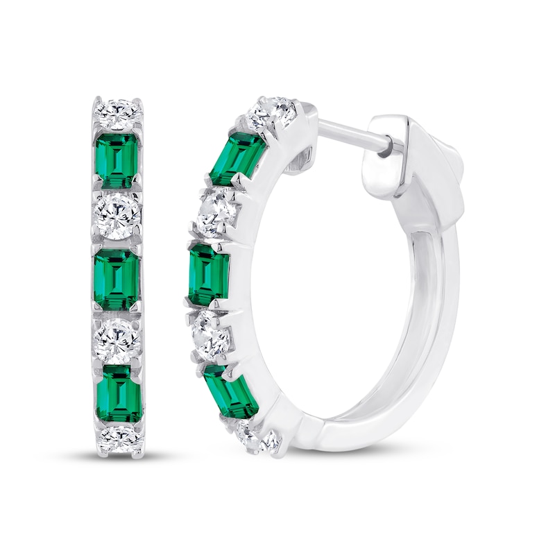 Main Image 1 of Emerald-Cut Lab-Created Emerald & Round-Cut White Lab-Created Sapphire Hoop Earrings Sterling Silver