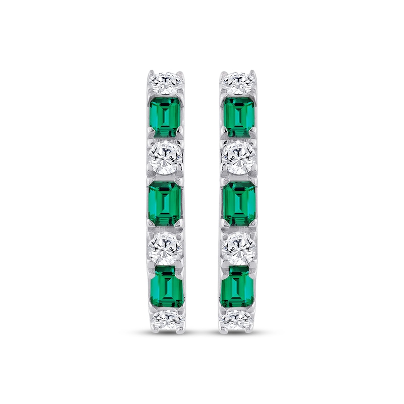 Main Image 2 of Emerald-Cut Lab-Created Emerald & Round-Cut White Lab-Created Sapphire Hoop Earrings Sterling Silver